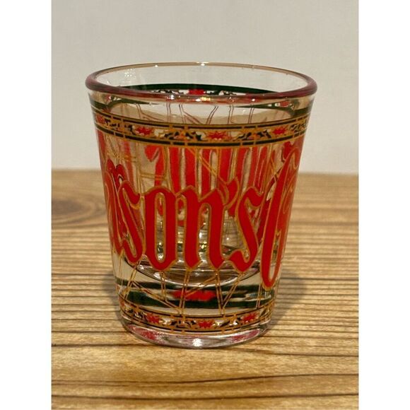 No Brand Other - Seasons Greetings Stained Glass Christmas Shot Glass -Holly/Poinsettias/Gold Rim
